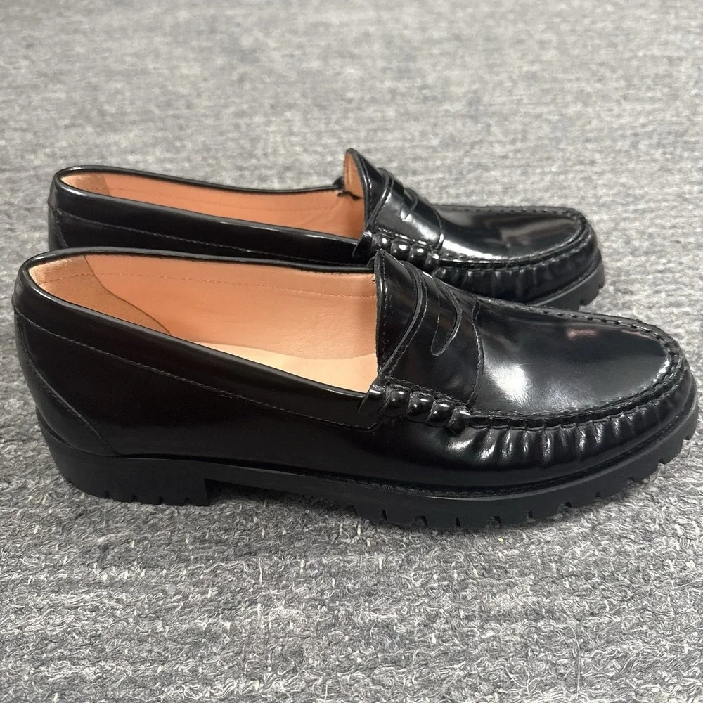 J Crew Winona Lug Sole Penny Loafers Women 9 Black Spazzolato Leather Chunky - Picture 4 of 12